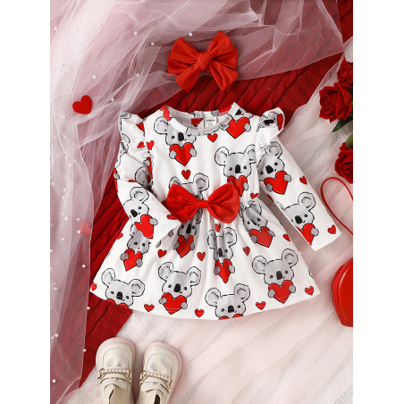 فستان قلب و طباعة بالدب مقلم بكشكش عقدة الفراشة أمامية مع عقال الرأس للاطفال