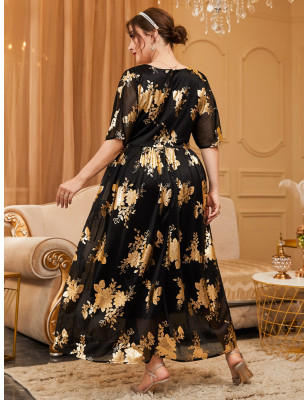 مقاس كبير فستان ذهبي طباعة الأزهار ياقة متداخلة