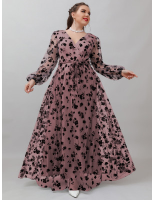 مقاس كبير فستان ماكسي متباين بطباعة أزهار شبكة حزام