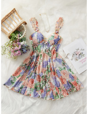 فستان ليلي كامي طباعة الأزهار مقلم بهدب شبكة