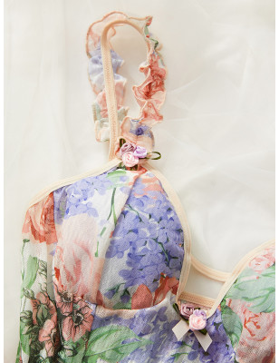 Floral Print Frill Trim Mesh Cami Night Dress