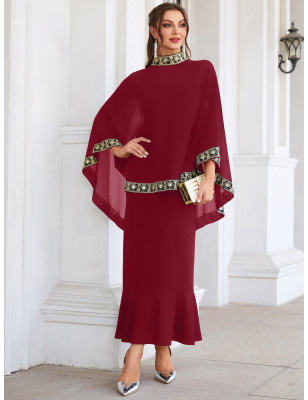 موحدة اللون حافة مكشكشة فستان كامي مع مطرز وقوف الياقة لباس علوي